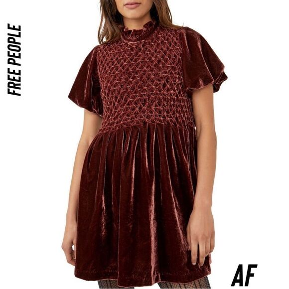 FREE PEOPLE GUM DROP VELVET MINI DRESS IN CHOCOLATE NWT - Picture 5 of 10
